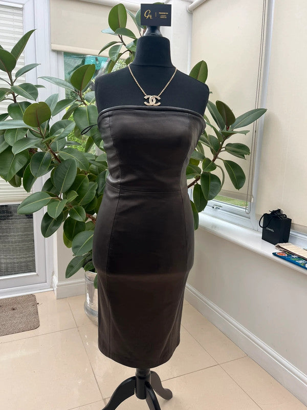 F/W 1997 Gianni Versace Padded Neckline Black Leather Bodycon Tube Dress