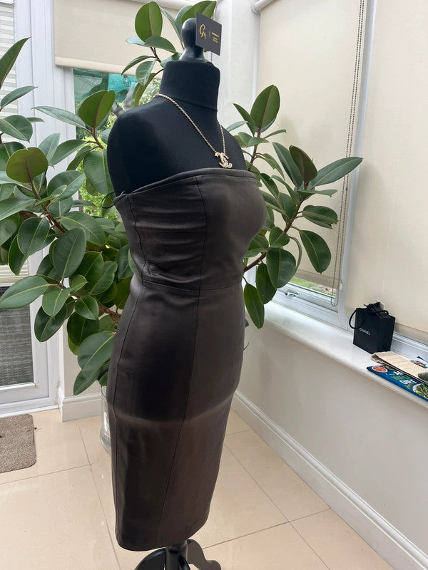 F/W 1997 Gianni Versace Padded Neckline Black Leather Bodycon Tube Dress