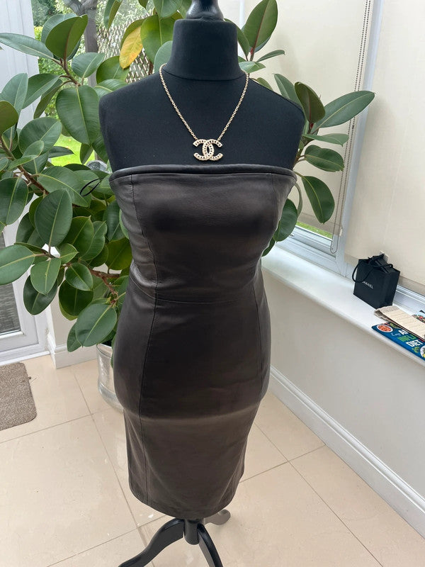 F/W 1997 Gianni Versace Padded Neckline Black Leather Bodycon Tube Dress