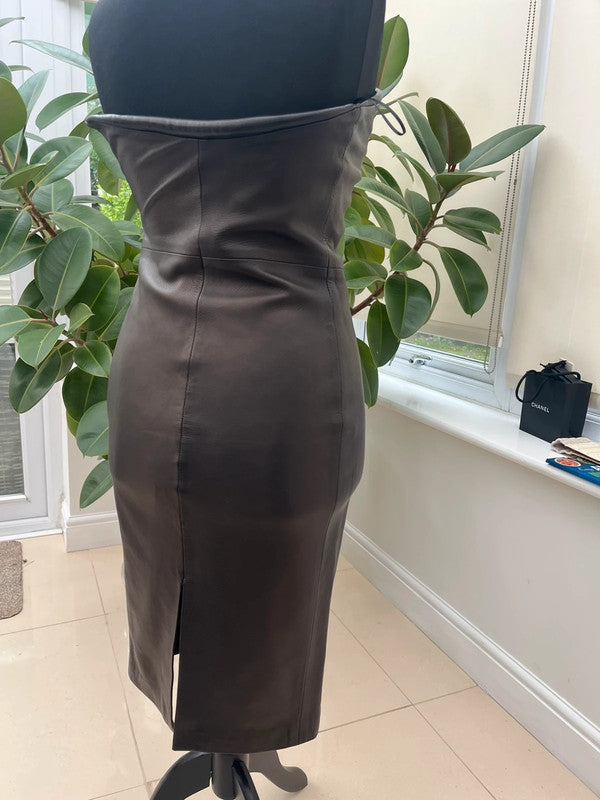 F/W 1997 Gianni Versace Padded Neckline Black Leather Bodycon Tube Dress