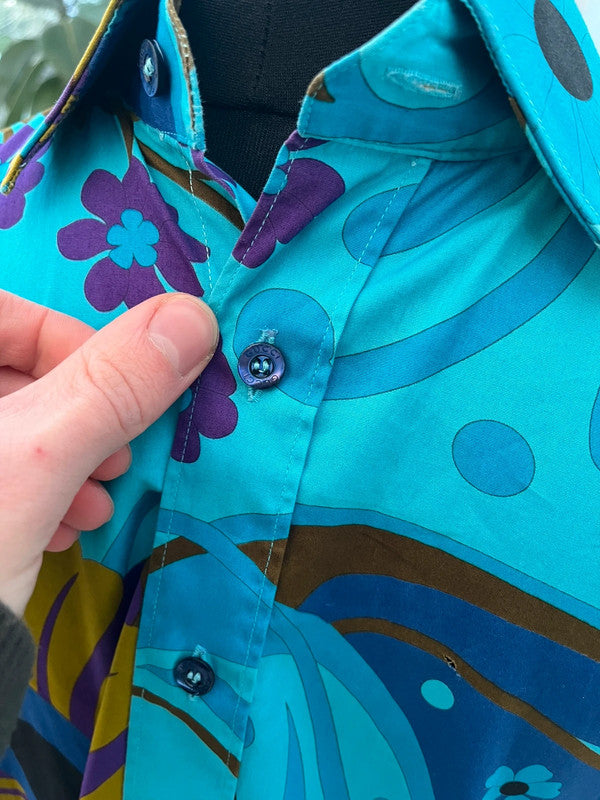 S/S 1999 Gucci by Tom Ford Blue Psychedelic Floral Button Up Men's Shirt Size M