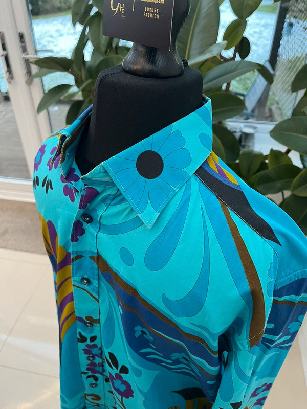 S/S 1999 Gucci by Tom Ford Blue Psychedelic Floral Button Up Men's Shirt Size M