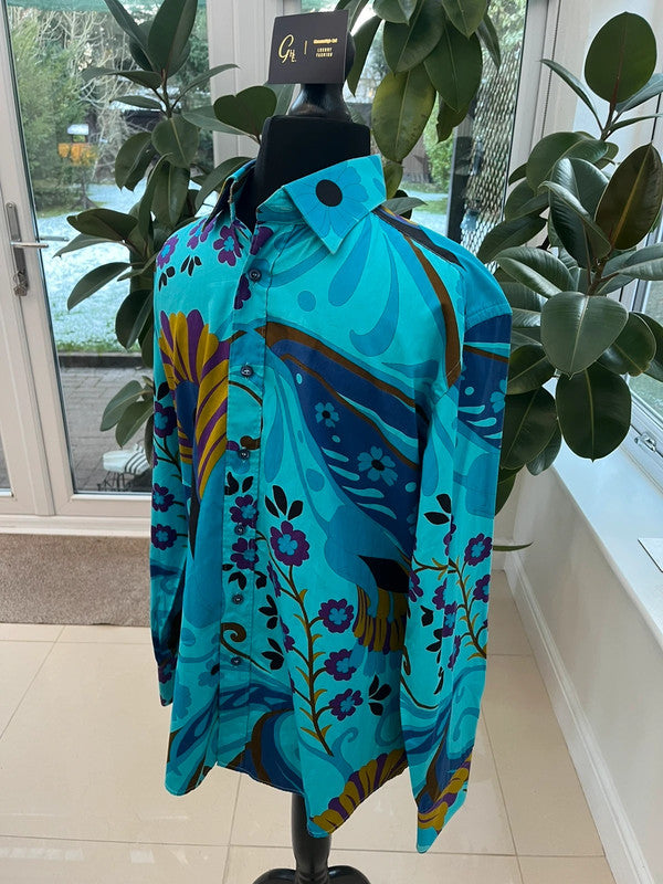 S/S 1999 Gucci by Tom Ford Blue Psychedelic Floral Button Up Men's Shirt Size M