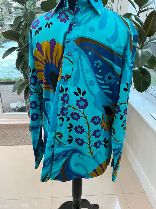 S/S 1999 Gucci by Tom Ford Blue Psychedelic Floral Button Up Men's Shirt Size M