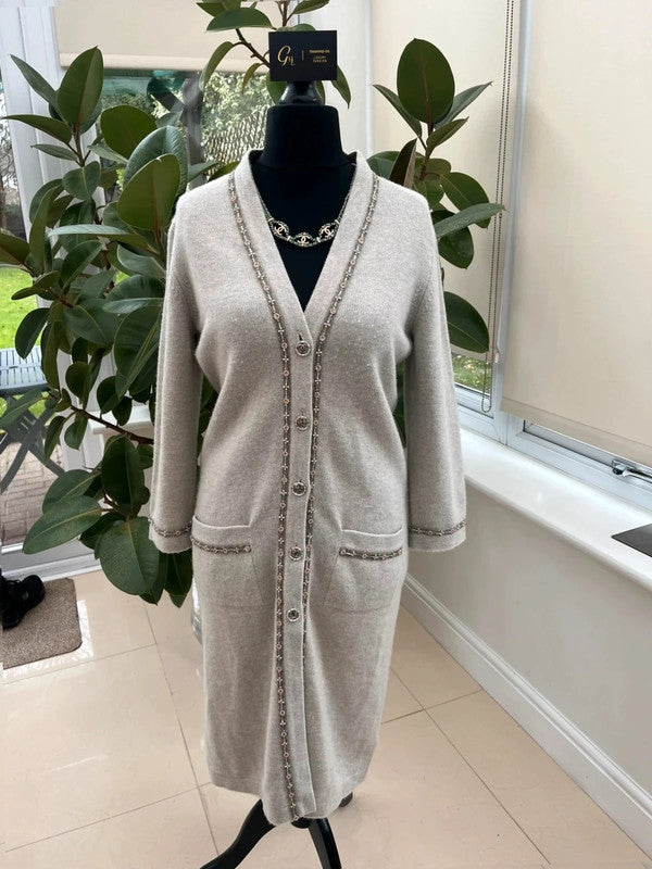 Chanel 08C Long Grey Cashmere Cardigan With Pearl and Strass Details FR 42