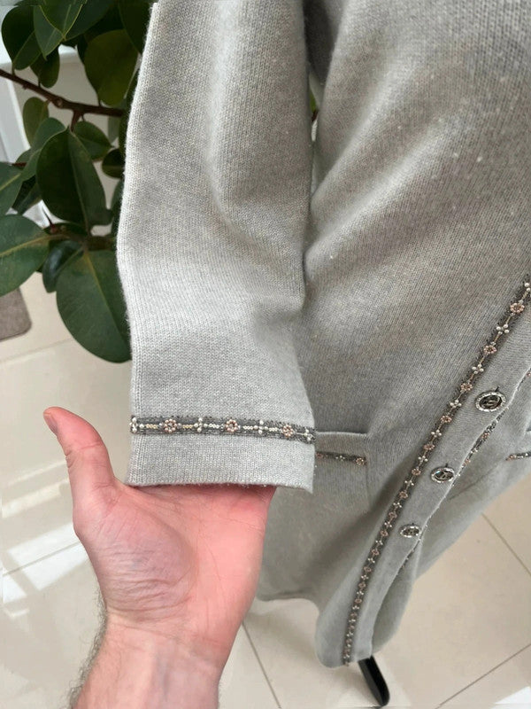 Chanel 08C Long Grey Cashmere Cardigan With Pearl and Strass Details FR 42