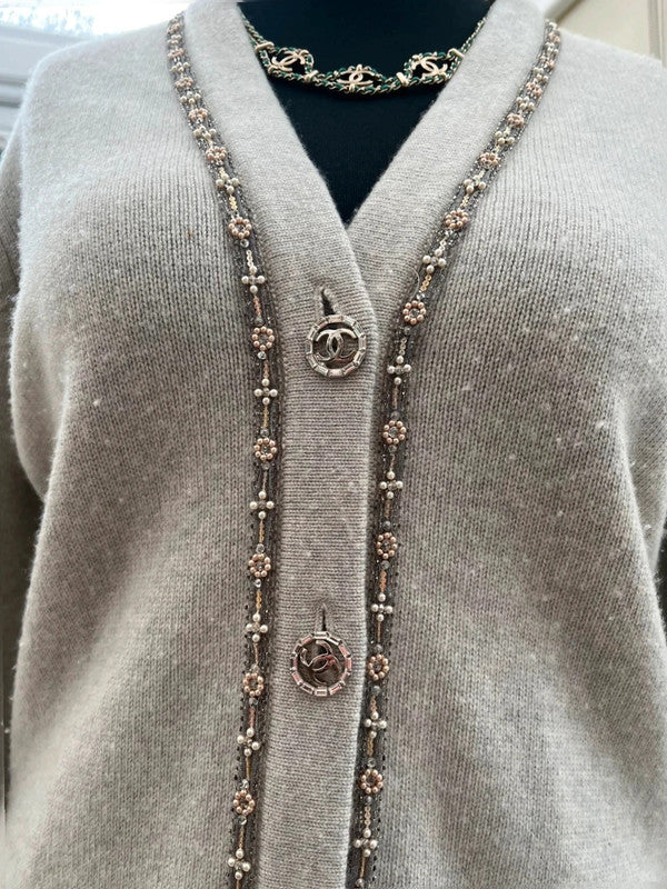 Chanel 08C Long Grey Cashmere Cardigan With Pearl and Strass Details FR 42