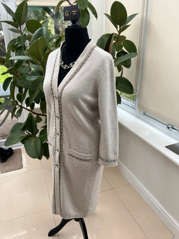 Chanel 08C Long Grey Cashmere Cardigan With Pearl and Strass Details FR 42