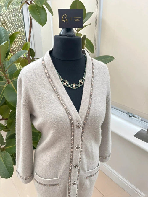 Chanel 08C Long Grey Cashmere Cardigan With Pearl and Strass Details FR 42