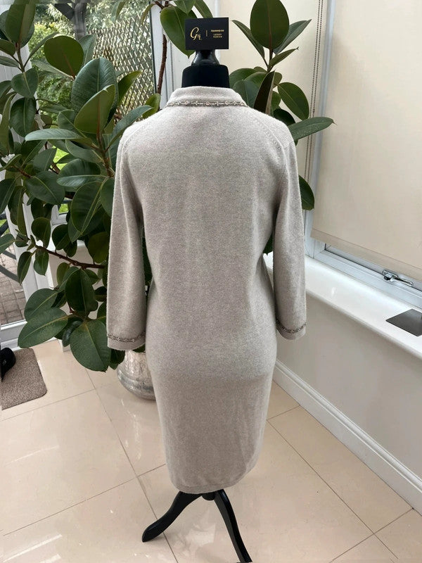 Chanel 08C Long Grey Cashmere Cardigan With Pearl and Strass Details FR 42