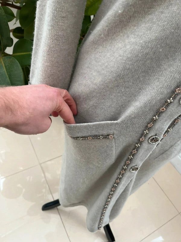 Chanel 08C Long Grey Cashmere Cardigan With Pearl and Strass Details FR 42