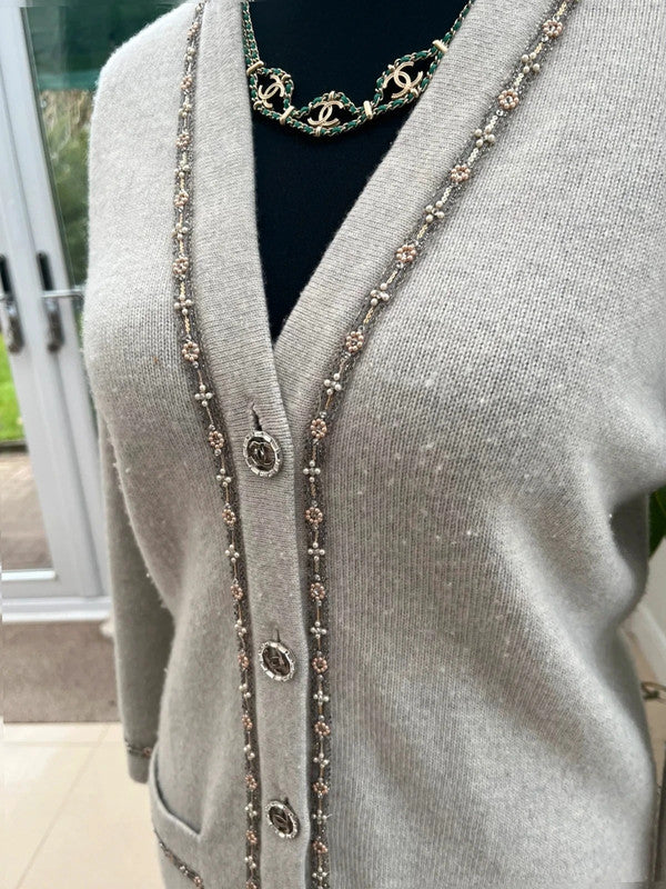 Chanel 08C Long Grey Cashmere Cardigan With Pearl and Strass Details FR 42