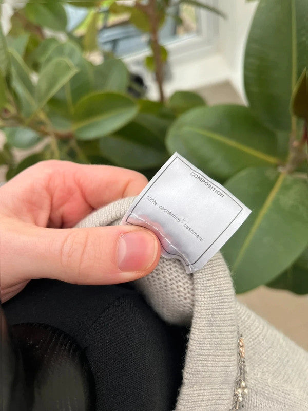Chanel 08C Long Grey Cashmere Cardigan With Pearl and Strass Details FR 42