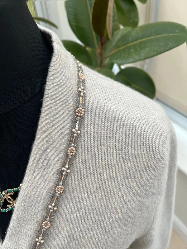 Chanel 08C Long Grey Cashmere Cardigan With Pearl and Strass Details FR 42