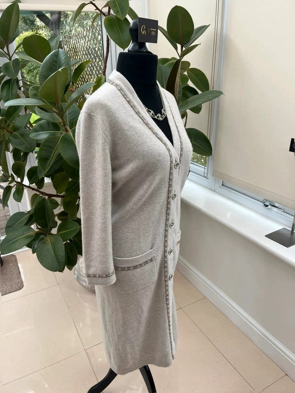 Chanel 08C Long Grey Cashmere Cardigan With Pearl and Strass Details FR 42