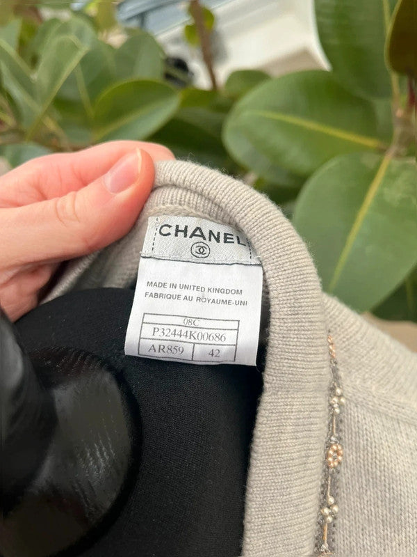 Chanel 08C Long Grey Cashmere Cardigan With Pearl and Strass Details FR 42