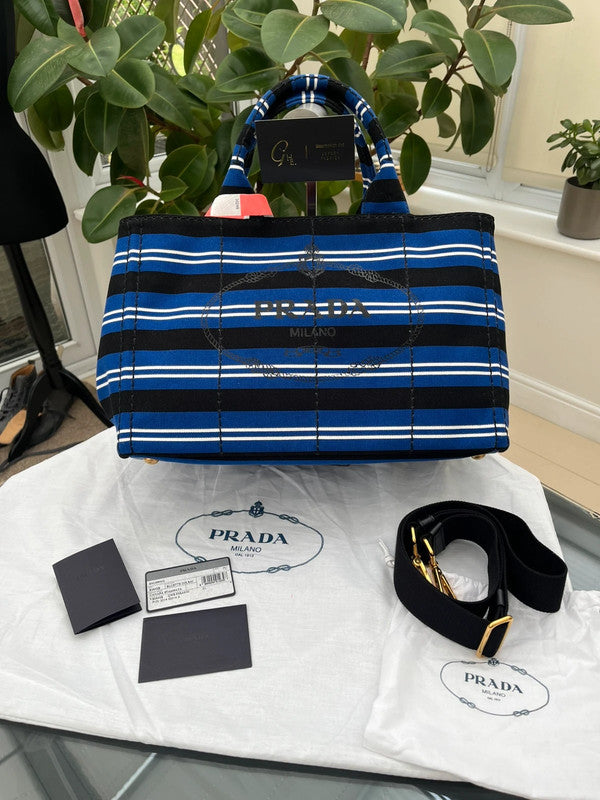 Prada Stripes Canapa Logo 2-Way Tote Bag - Black White Blue Canvas Tote