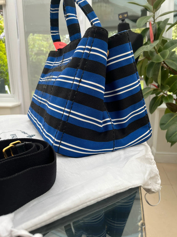 Prada Stripes Canapa Logo 2-Way Tote Bag - Black White Blue Canvas Tote