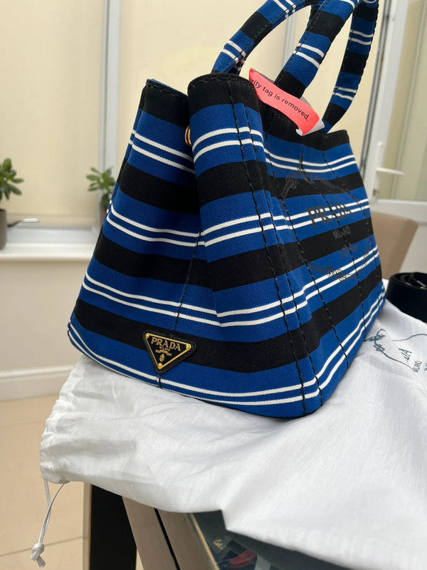 Prada Stripes Canapa Logo 2-Way Tote Bag - Black White Blue Canvas Tote