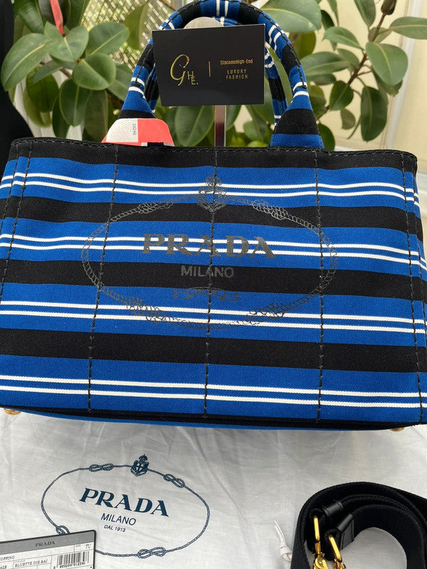 Prada Stripes Canapa Logo 2-Way Tote Bag - Black White Blue Canvas Tote