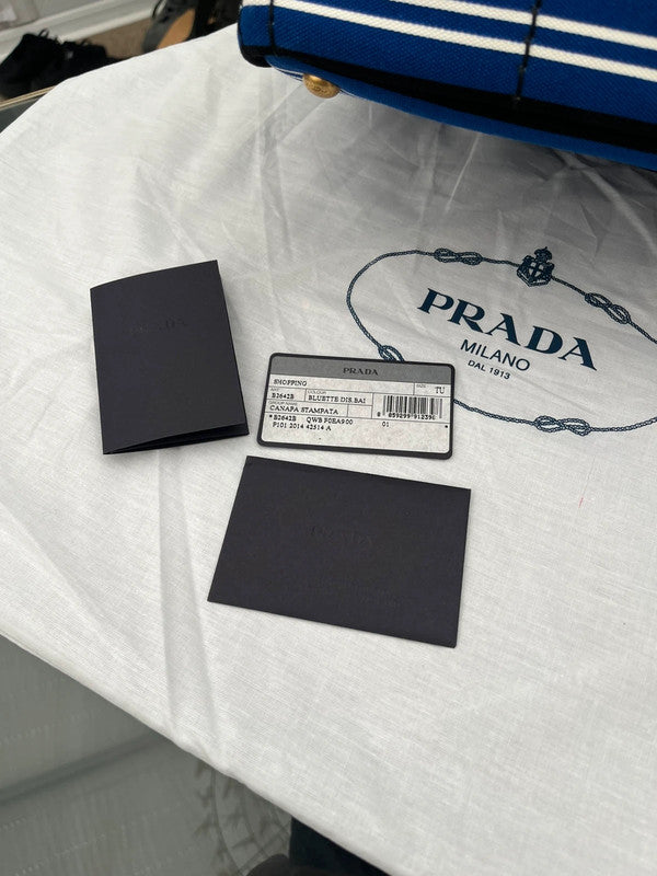 Prada Stripes Canapa Logo 2-Way Tote Bag - Black White Blue Canvas Tote