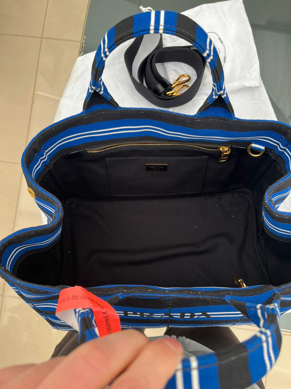 Prada Stripes Canapa Logo 2-Way Tote Bag - Black White Blue Canvas Tote