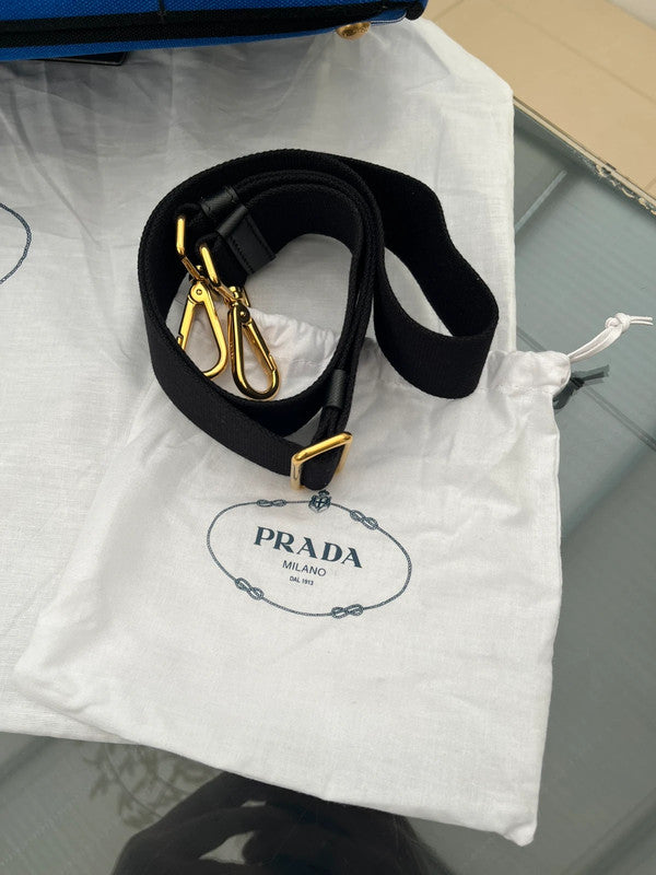 Prada Stripes Canapa Logo 2-Way Tote Bag - Black White Blue Canvas Tote