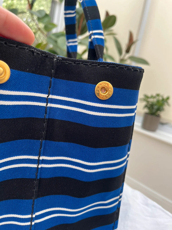 Prada Stripes Canapa Logo 2-Way Tote Bag - Black White Blue Canvas Tote