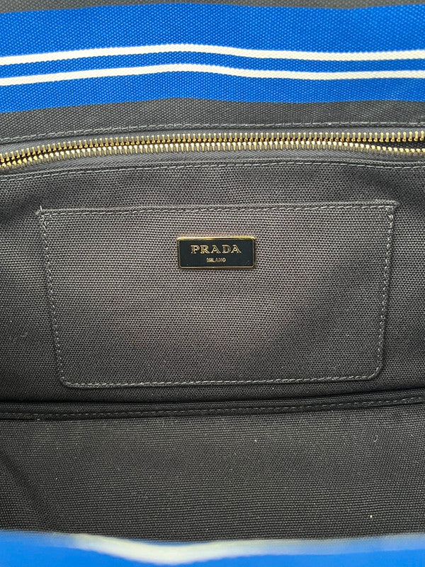 Prada Stripes Canapa Logo 2-Way Tote Bag - Black White Blue Canvas Tote