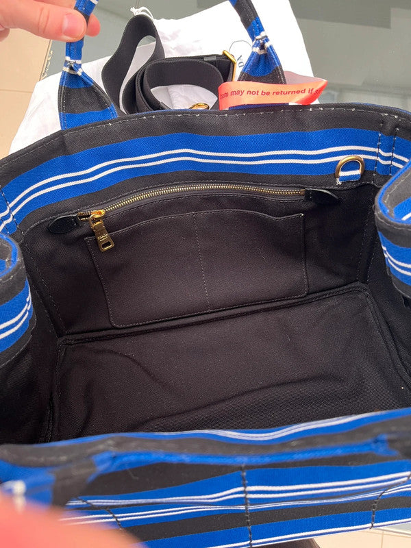 Prada Stripes Canapa Logo 2-Way Tote Bag - Black White Blue Canvas Tote
