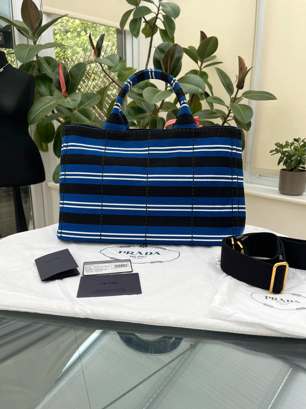Prada Stripes Canapa Logo 2-Way Tote Bag - Black White Blue Canvas Tote
