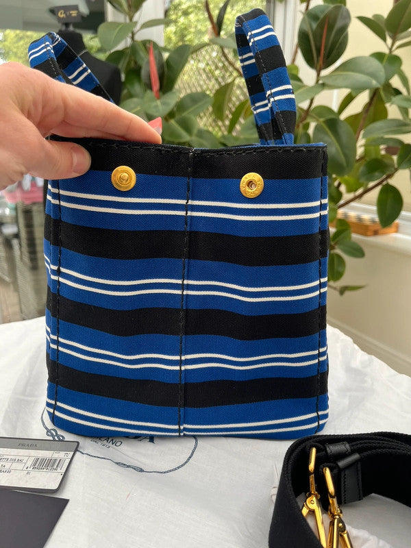 Prada Stripes Canapa Logo 2-Way Tote Bag - Black White Blue Canvas Tote