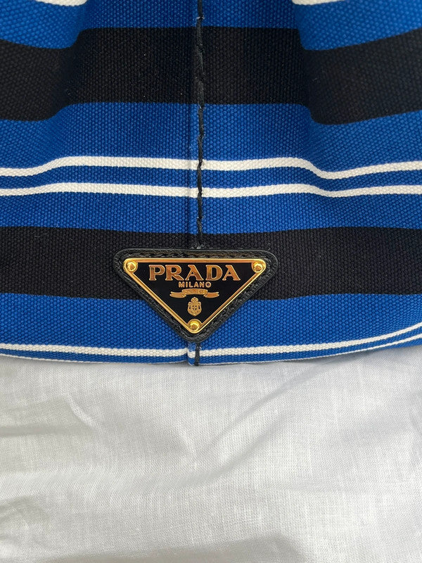 Prada Stripes Canapa Logo 2-Way Tote Bag - Black White Blue Canvas Tote