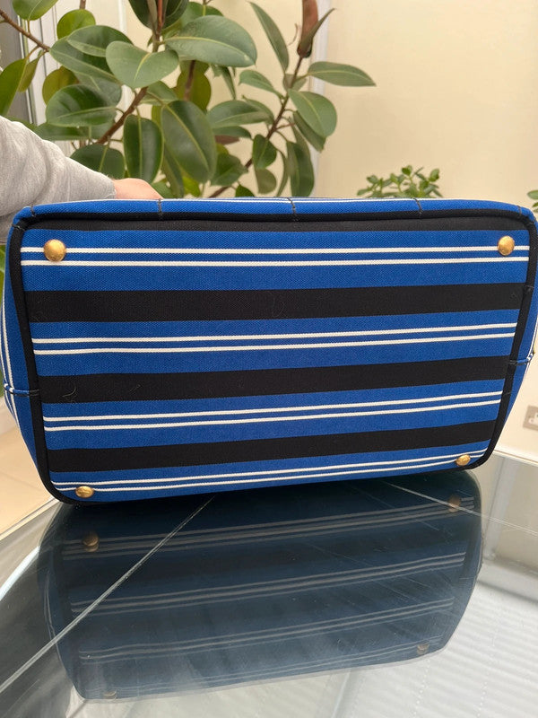 Prada Stripes Canapa Logo 2-Way Tote Bag - Black White Blue Canvas Tote