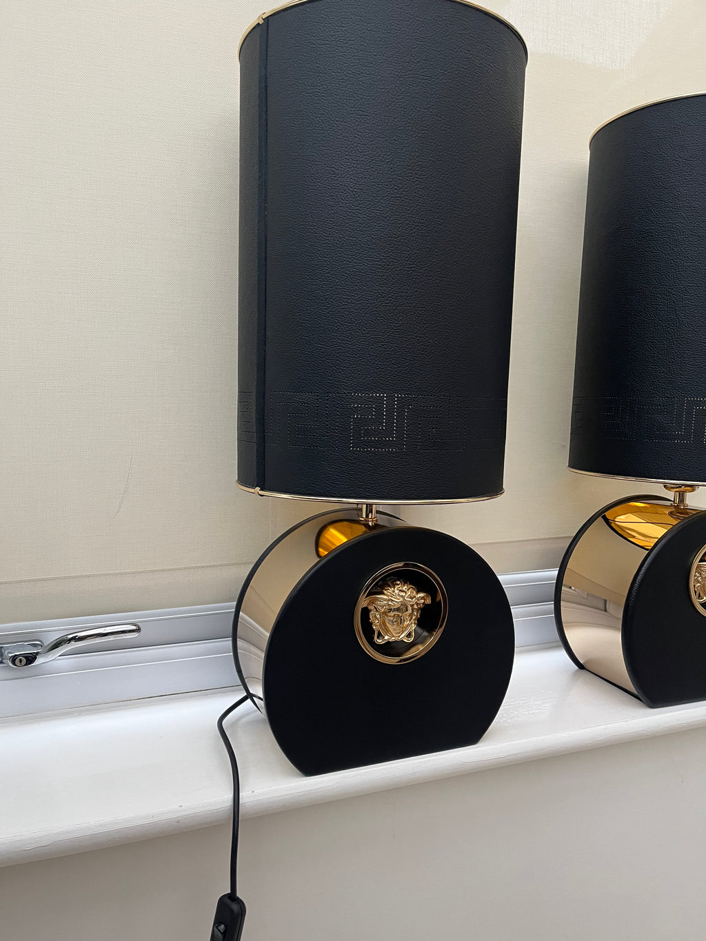 Versace Tall Metro Round Table Lamps - Gold Tone Metal and Black Leather