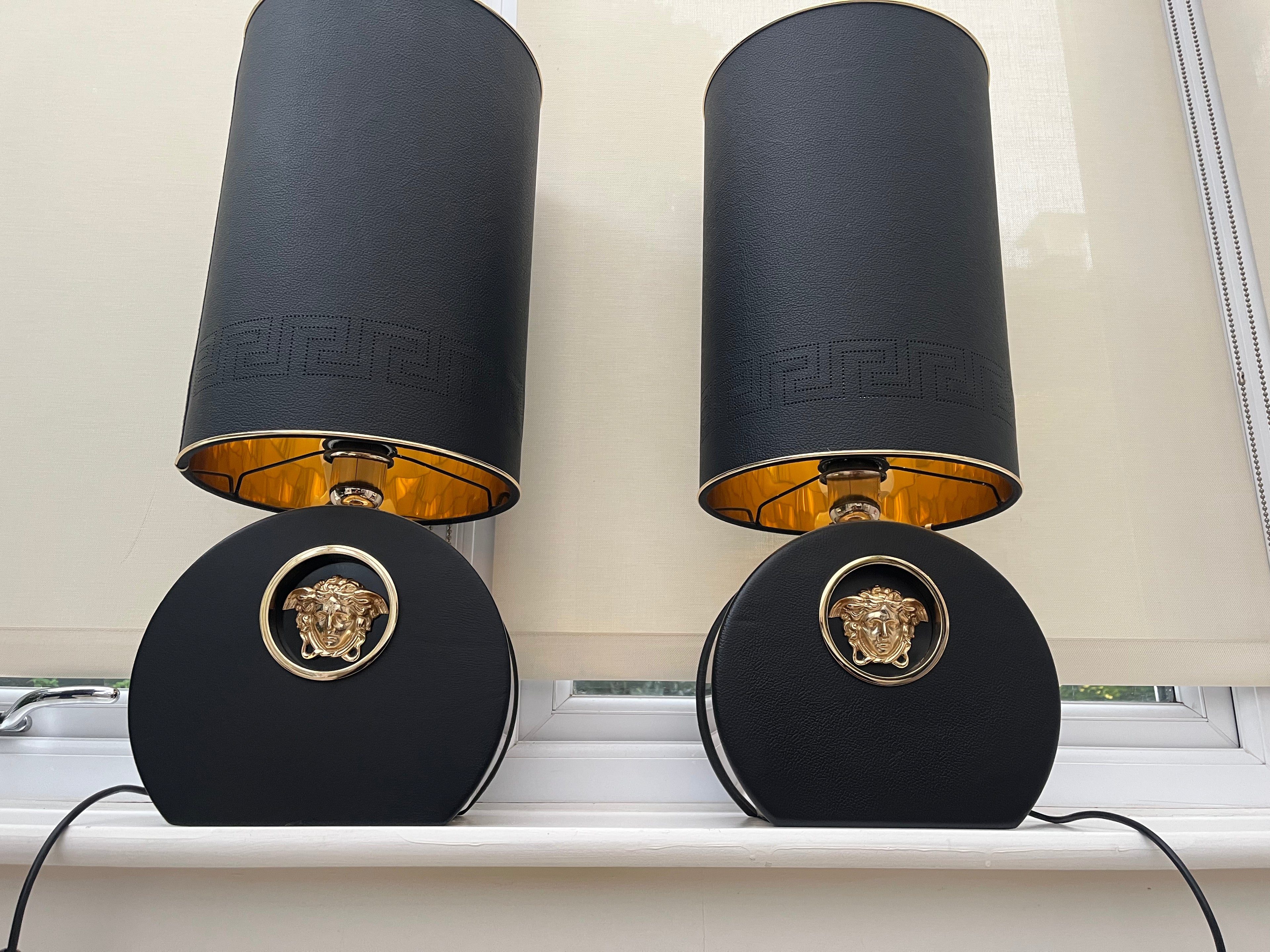 Versace Tall Metro Round Table Lamps - Gold Tone Metal and Black Leather