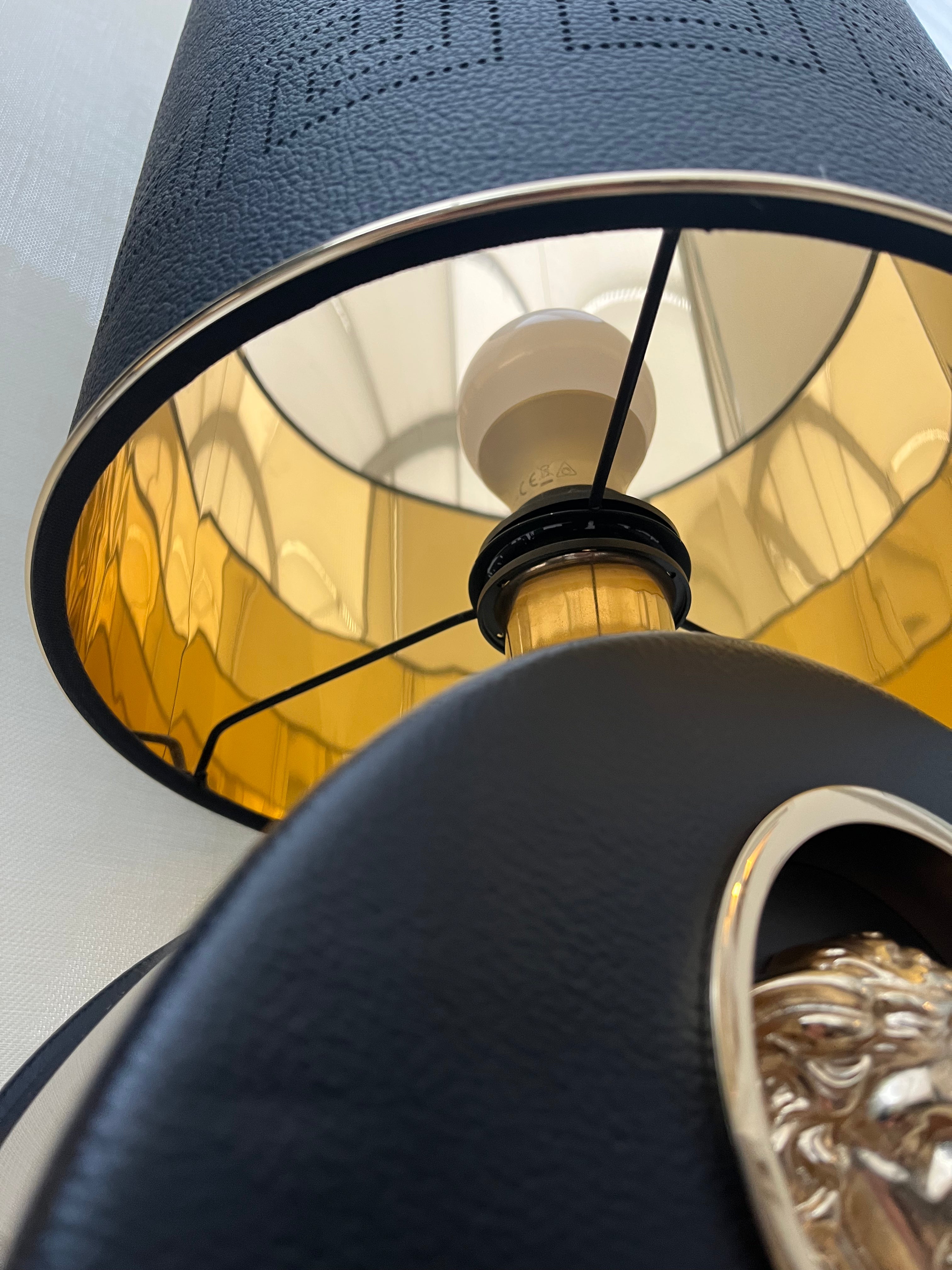 Versace Tall Metro Round Table Lamps - Gold Tone Metal and Black Leather