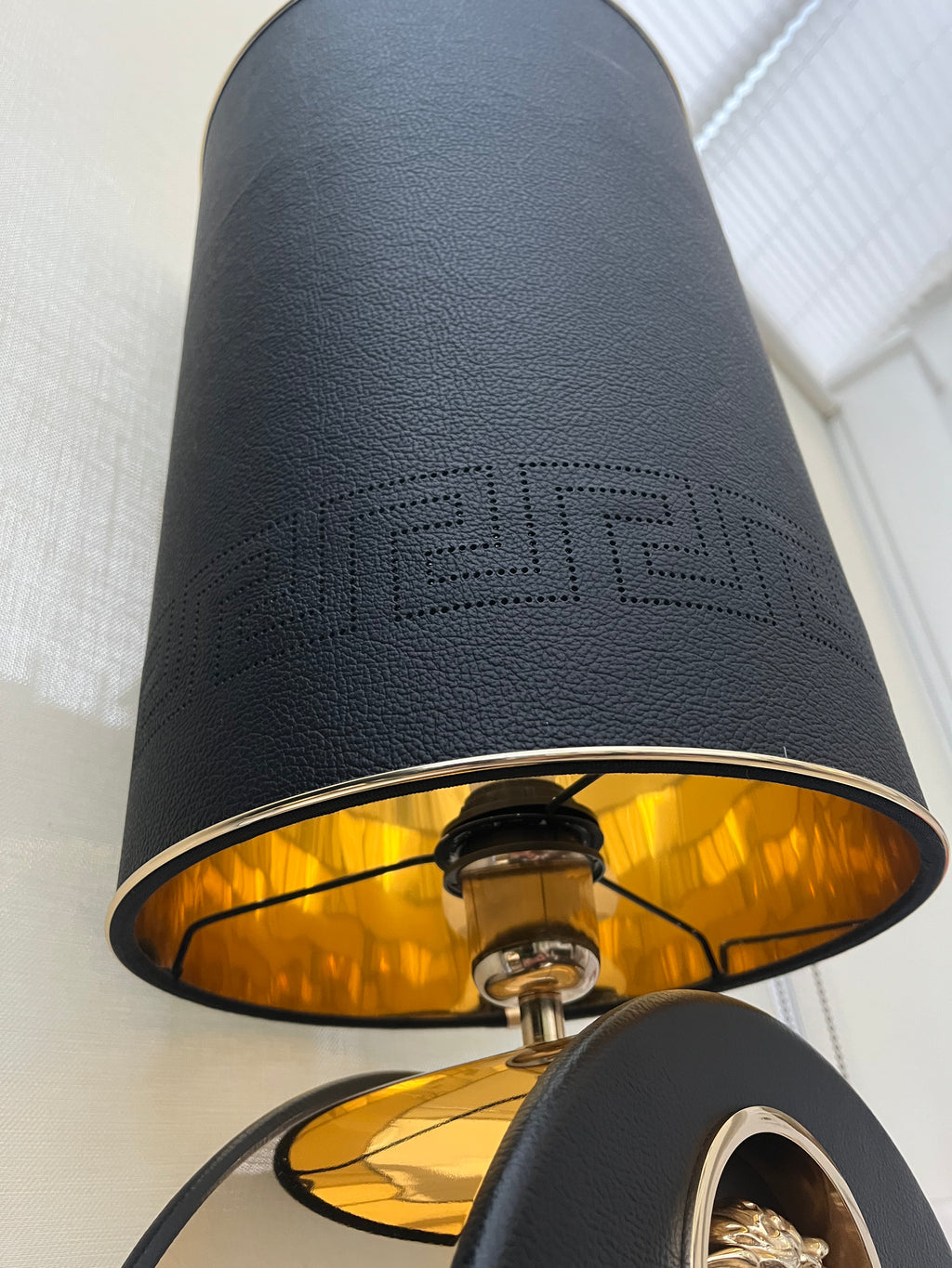 Versace Tall Metro Round Table Lamps - Gold Tone Metal and Black Leather