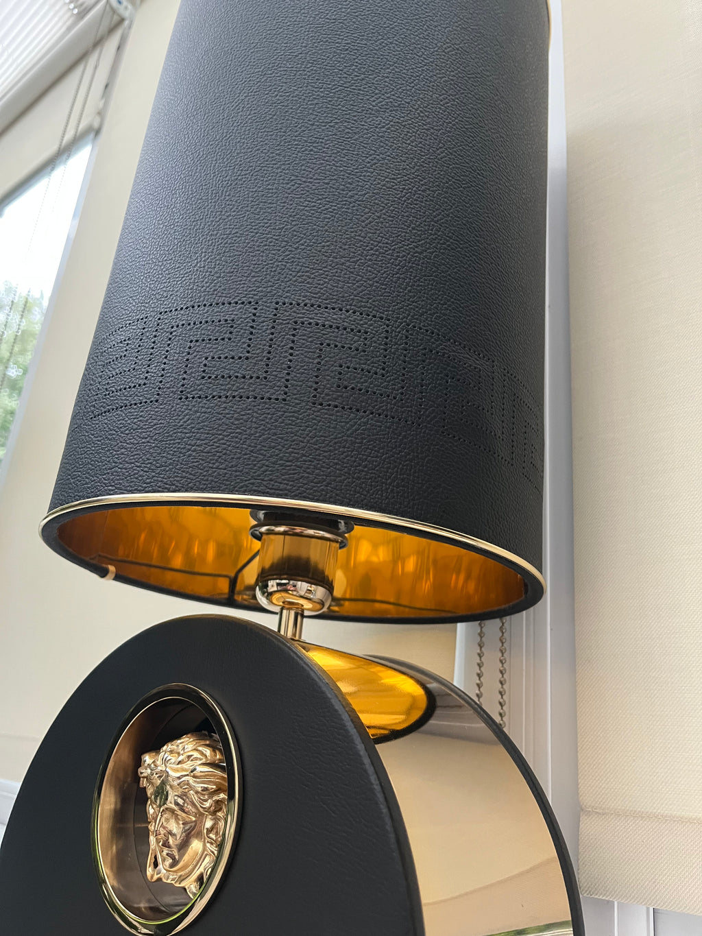 Versace Tall Metro Round Table Lamps - Gold Tone Metal and Black Leather