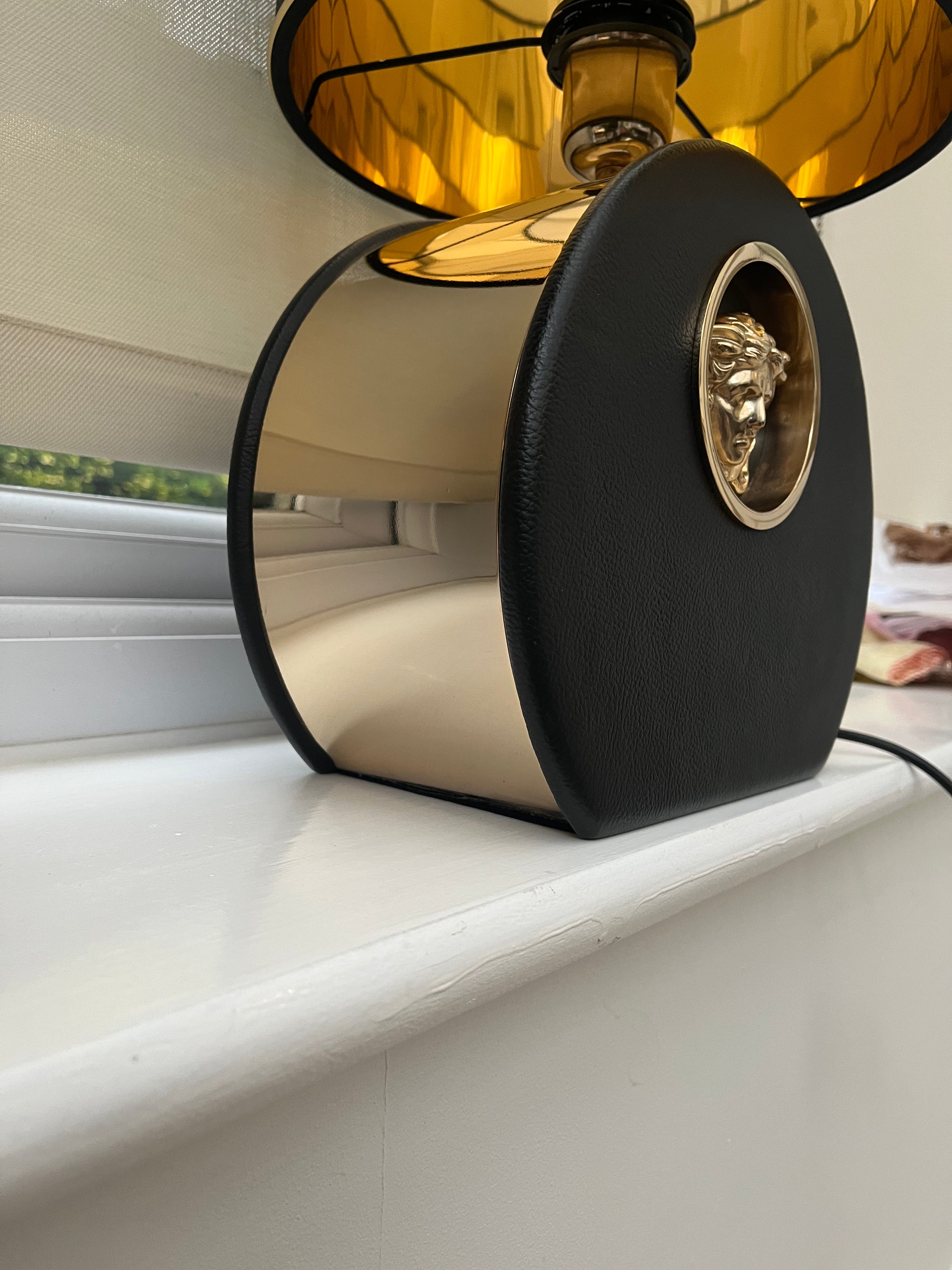 Versace Tall Metro Round Table Lamps - Gold Tone Metal and Black Leather