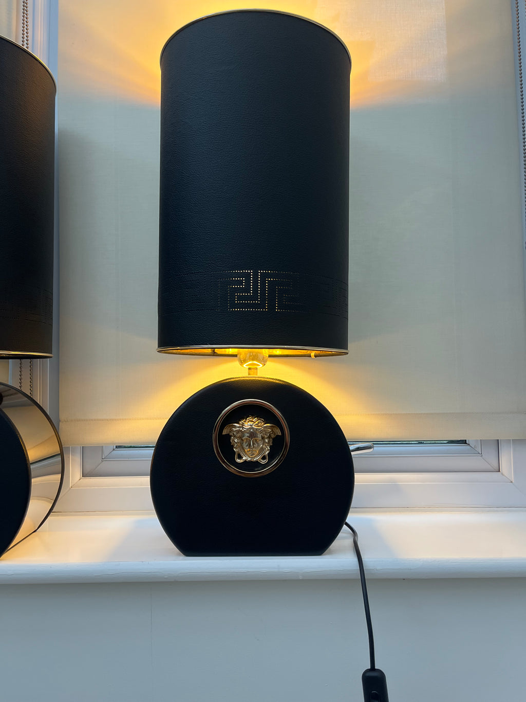 Versace Tall Metro Round Table Lamps - Gold Tone Metal and Black Leather