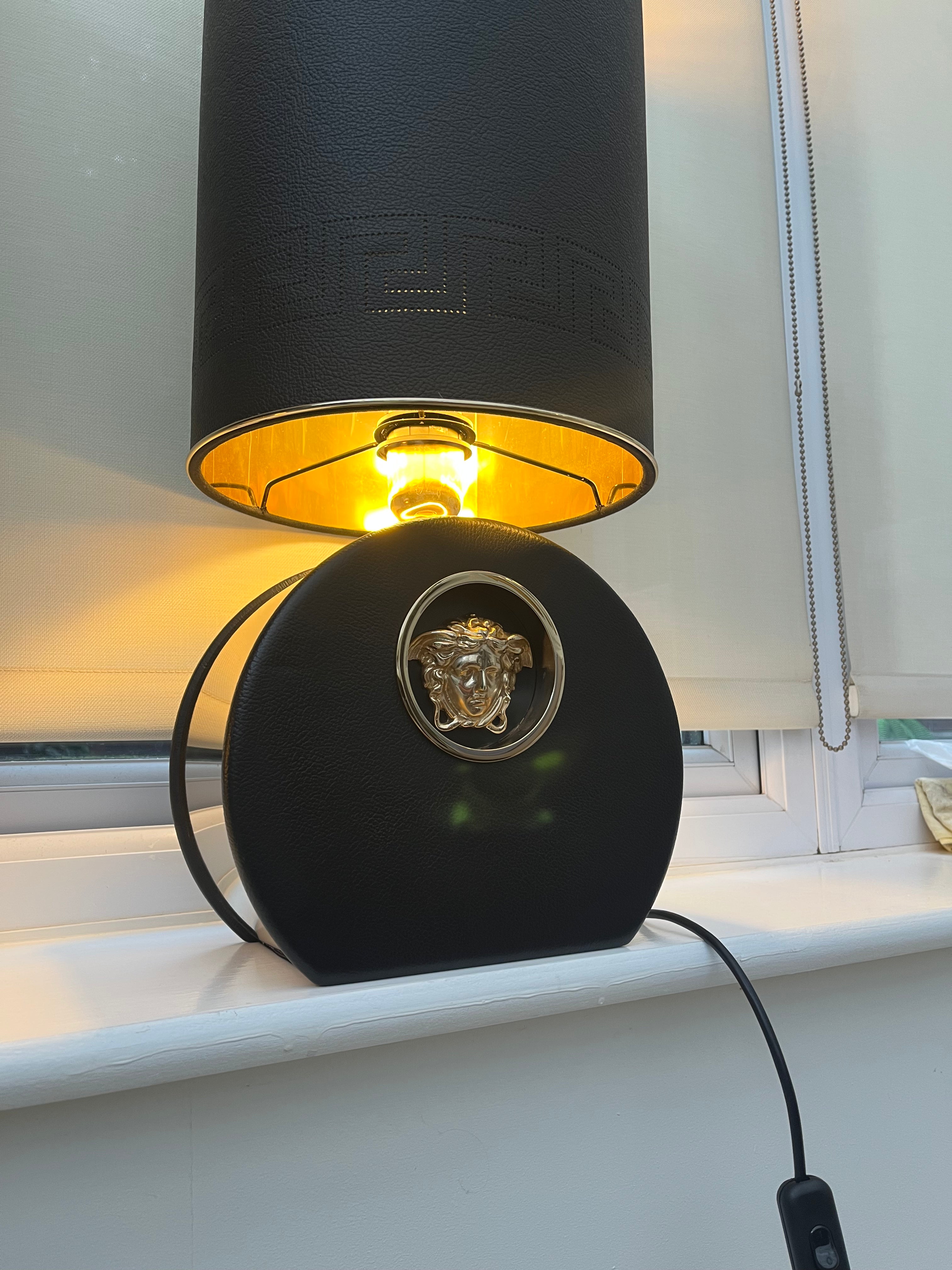 Versace Tall Metro Round Table Lamps - Gold Tone Metal and Black Leather