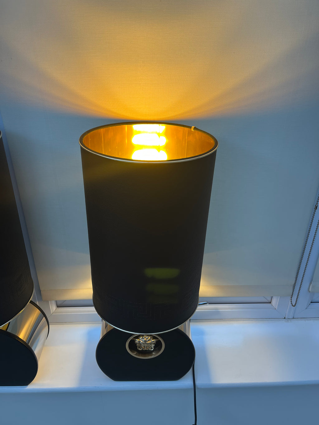 Versace Tall Metro Round Table Lamps - Gold Tone Metal and Black Leather