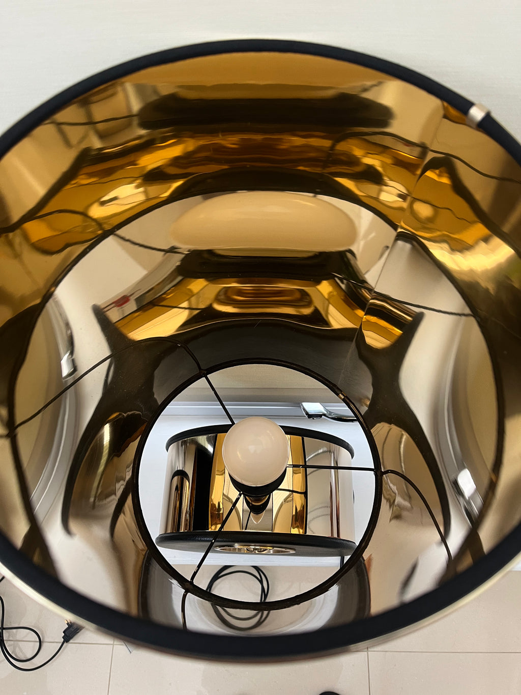 Versace Tall Metro Round Table Lamps - Gold Tone Metal and Black Leather