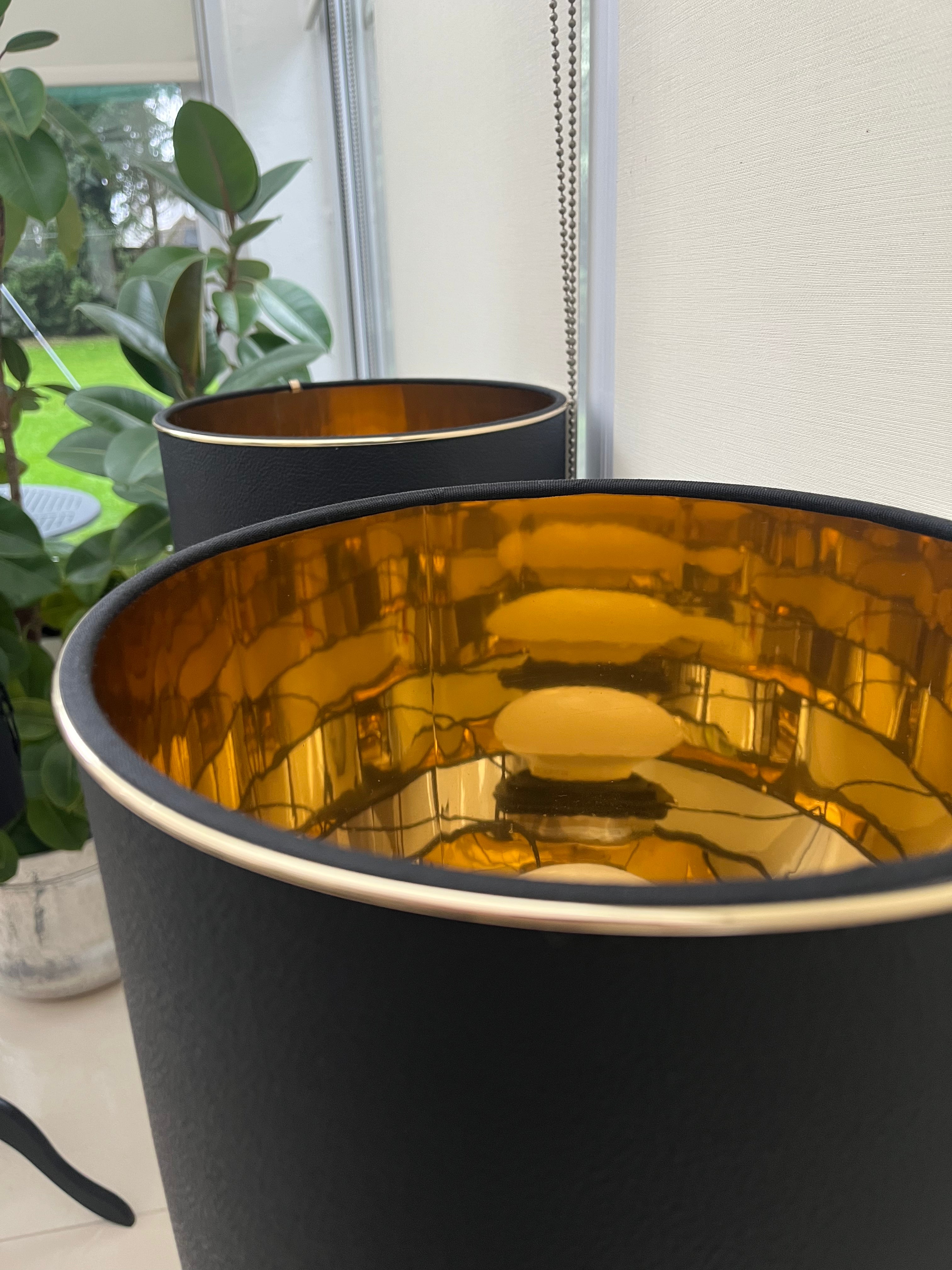 Versace Tall Metro Round Table Lamps - Gold Tone Metal and Black Leather
