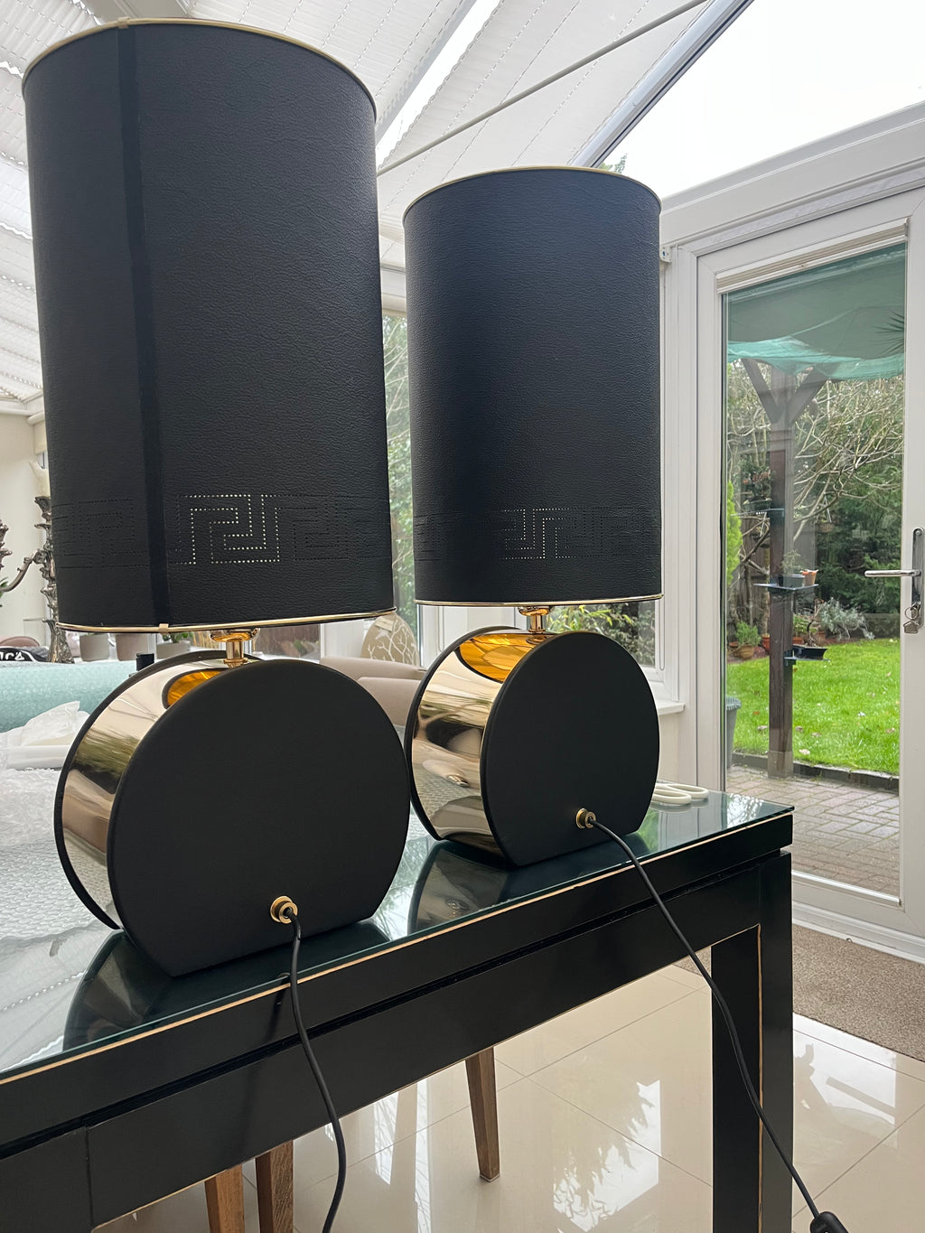 Versace Tall Metro Round Table Lamps - Gold Tone Metal and Black Leather