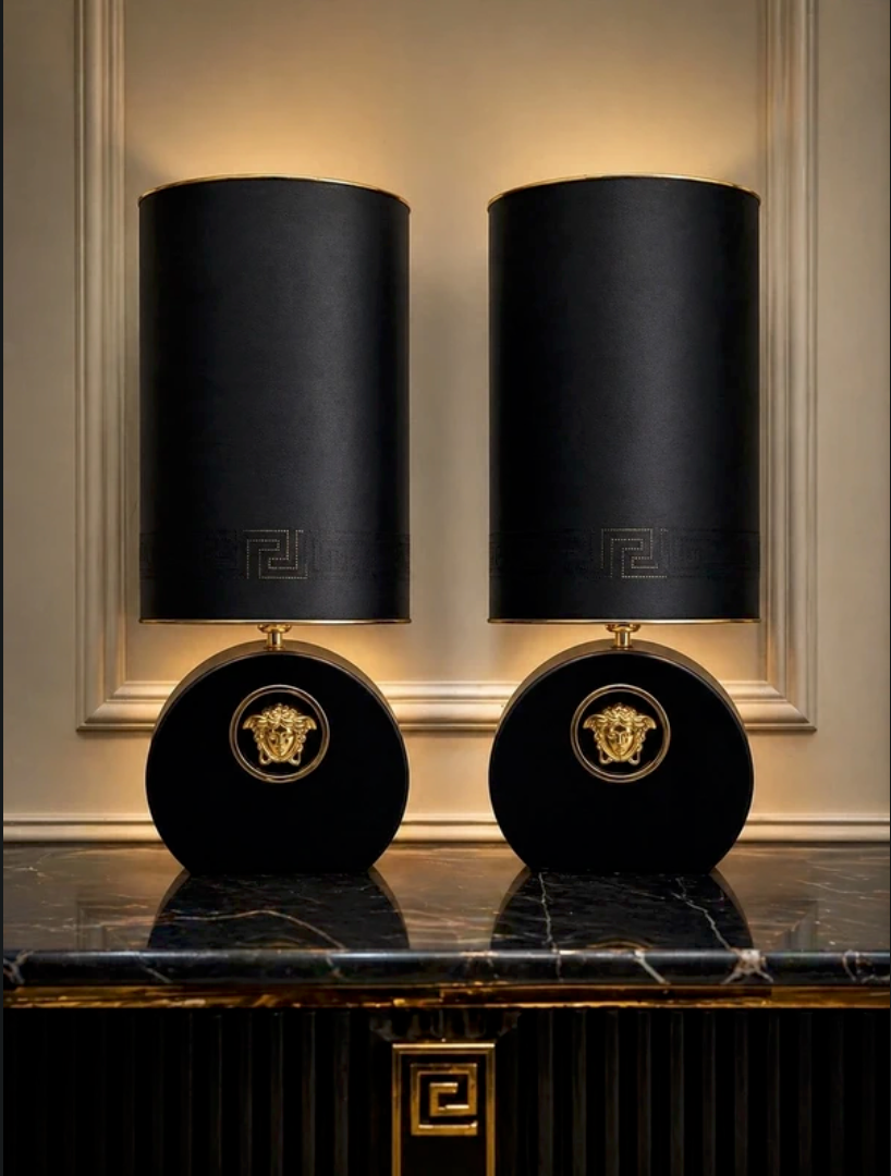 Versace Tall Metro Round Table Lamps - Gold Tone Metal and Black Leather