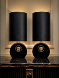 Versace Tall Metro Round Table Lamps - Gold Tone Metal and Black Leather